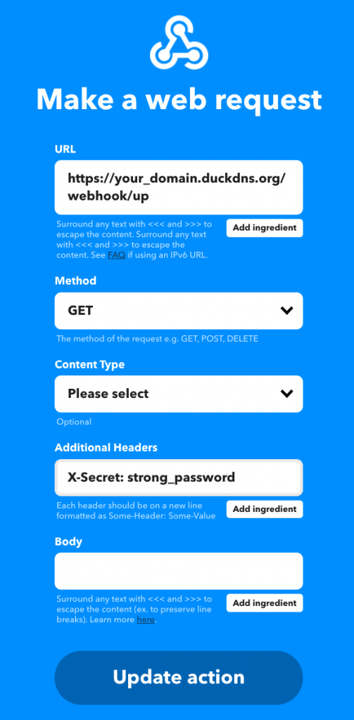 IFTTT THEN step — webhook configuration